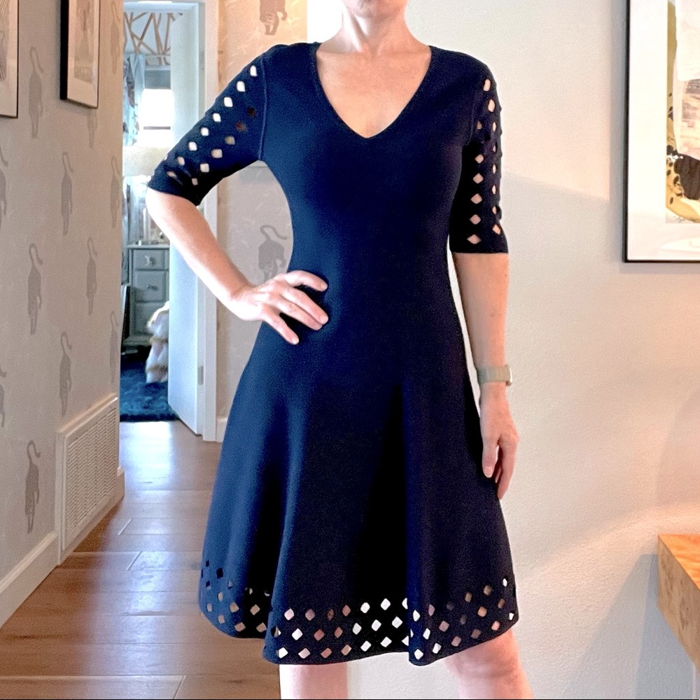 Milly navy blue aline stretchy dress with diamond cut outs on sleeves & hem